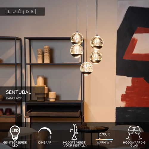 Lucide SENTUBAL - Hanglamp - Ø 35 cm - LED Dimb. - 5x5,2W 2700K - Zwart - USP